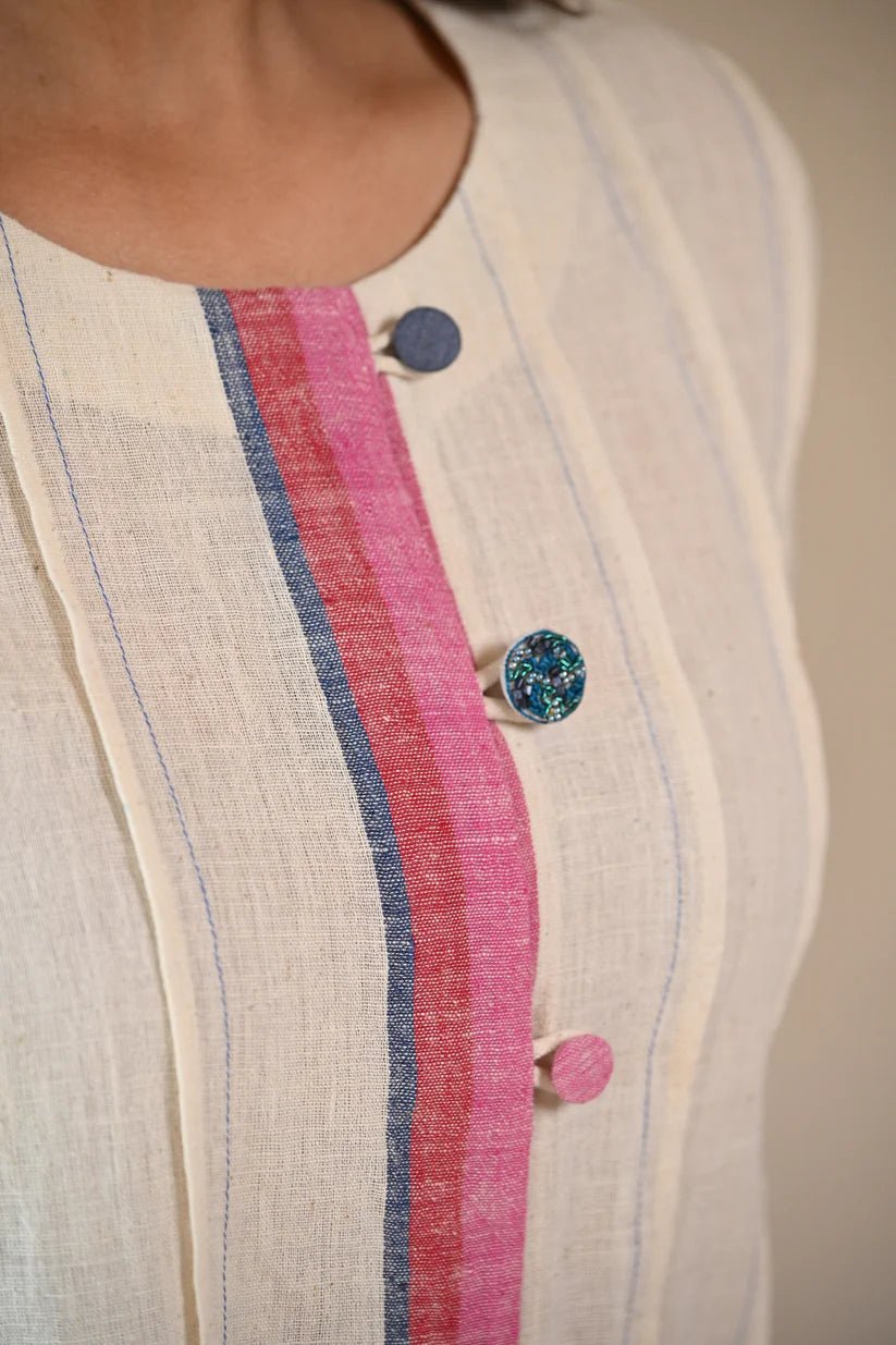 Ziggy Tunic with Embroidered & Multi Color Button - Natural White - CiceroniTunicsRang by Rajvi