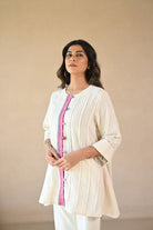 Ziggy Tunic with Embroidered & Multi Color Button - Natural White - CiceroniTunicsRang by Rajvi