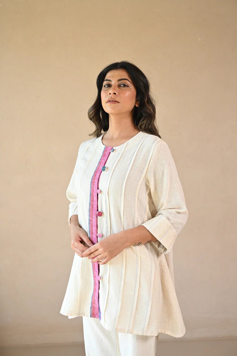 Ziggy Tunic with Embroidered & Multi Color Button - Natural White - CiceroniTunicsRang by Rajvi