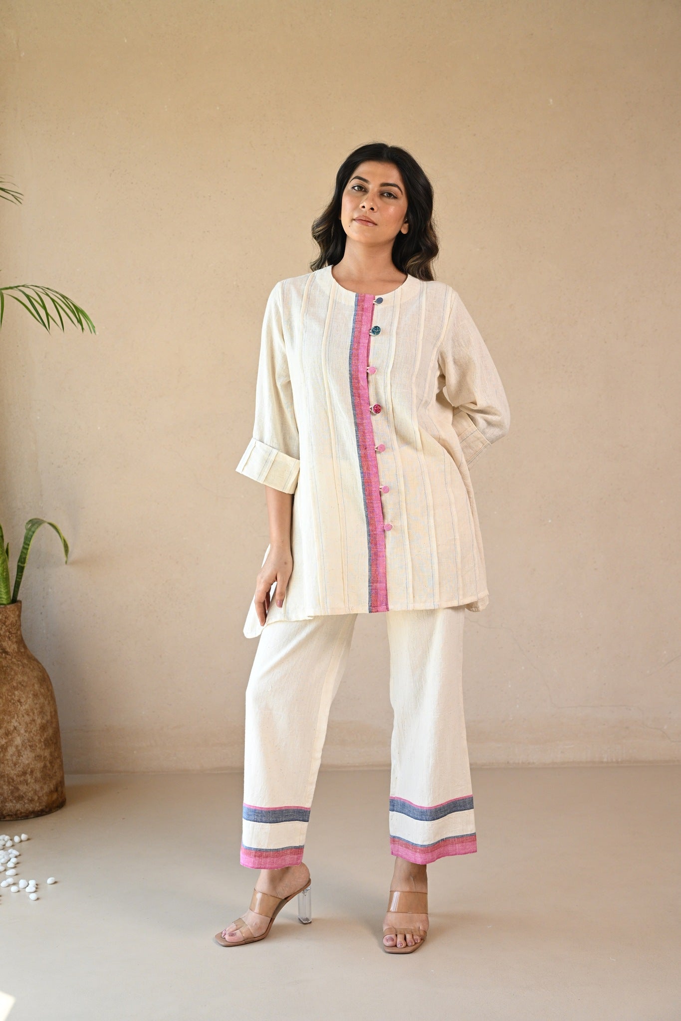 Ziggy Tunic with Embroidered & Multi Color Button - Natural White - CiceroniTunicsRang by Rajvi