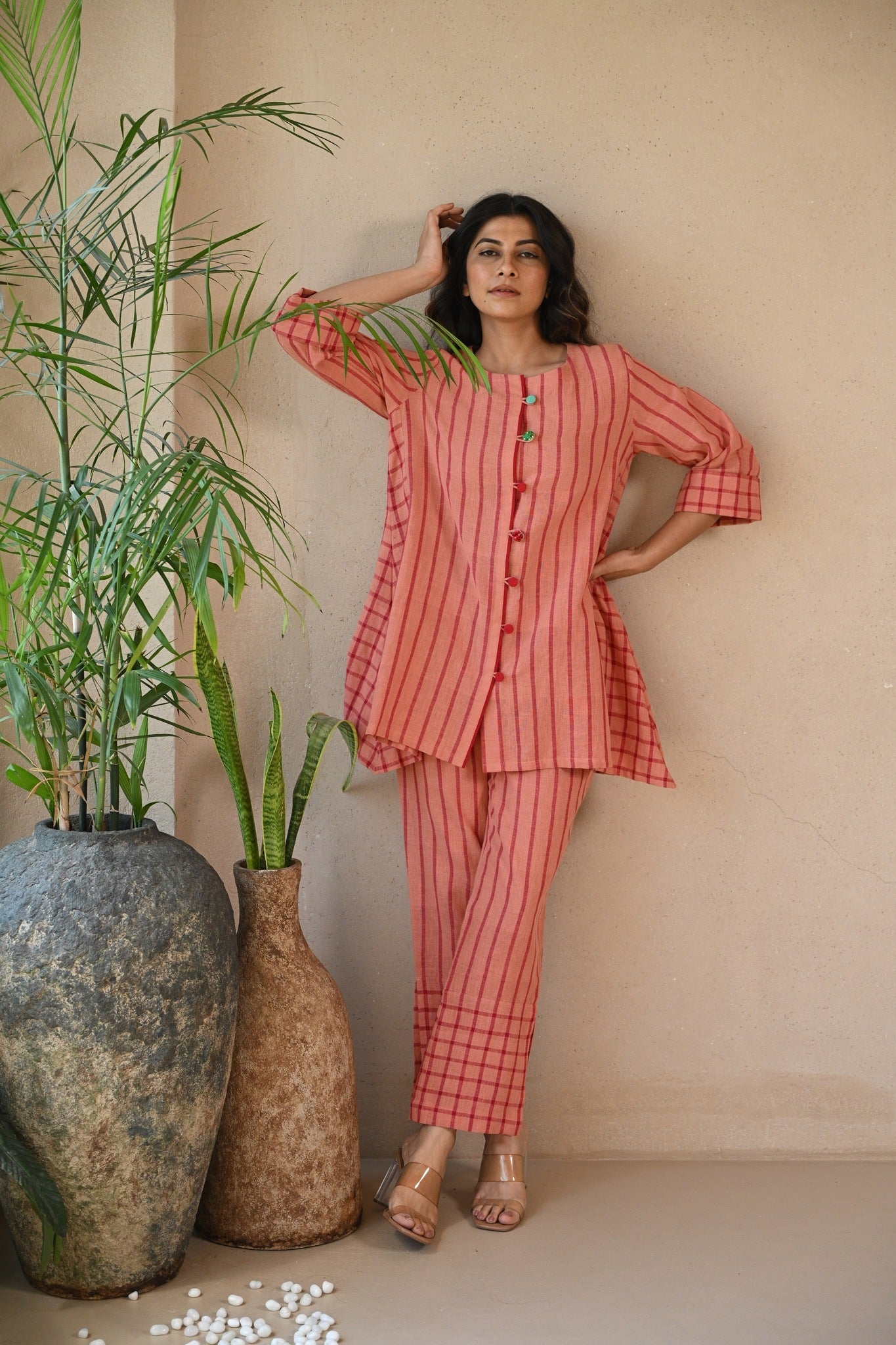 Ziggy Tunic with Embroidered & Multi Color Button - Peach Stripe - CiceroniTunicsRang by Rajvi