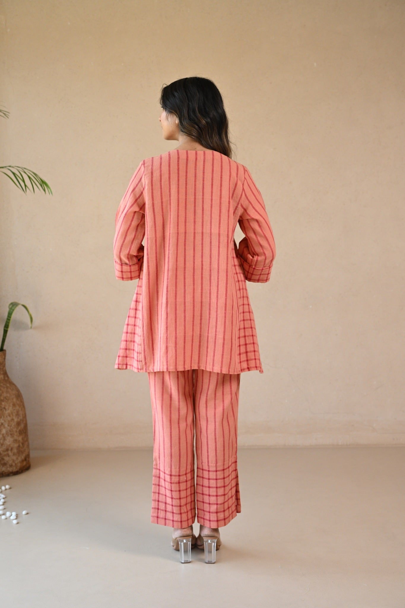 Ziggy Tunic with Embroidered & Multi Color Button - Peach Stripe - CiceroniTunicsRang by Rajvi