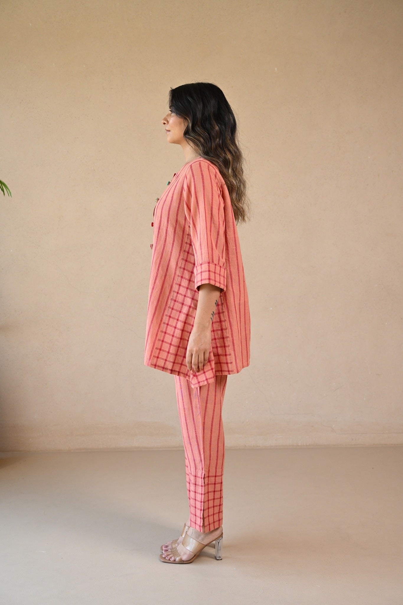 Ziggy Tunic with Embroidered & Multi Color Button - Peach Stripe - CiceroniTunicsRang by Rajvi