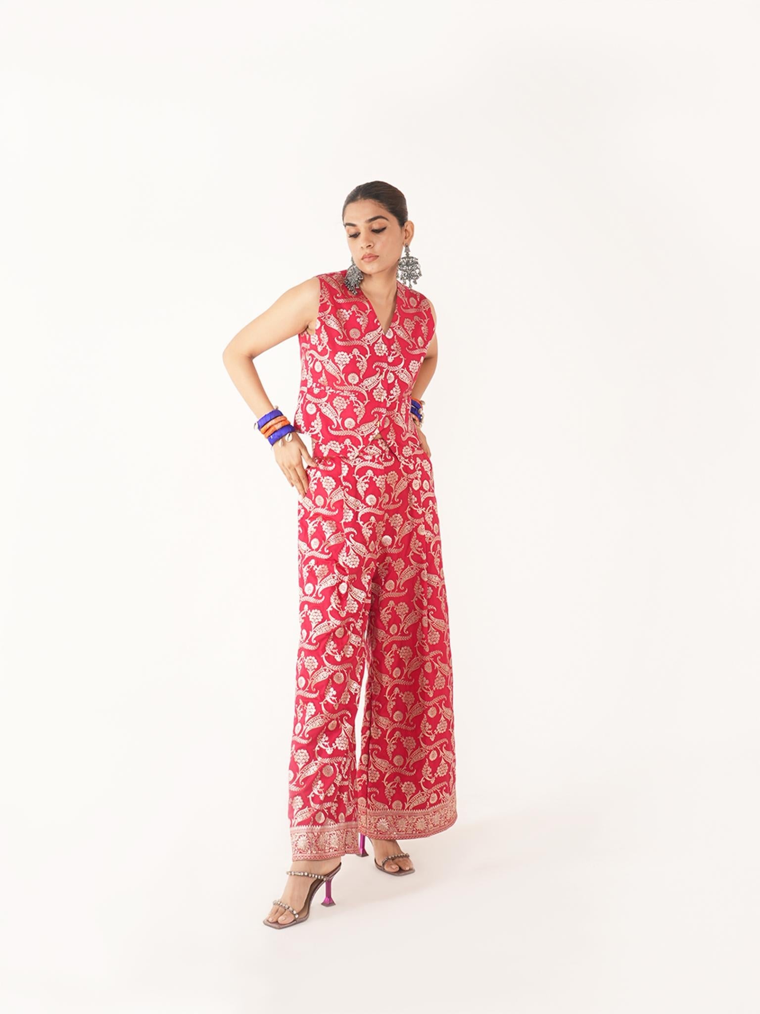 Amyra Red Silk Waist Coat And Pant Set - CiceroniCo-ord SetShriya Singhi