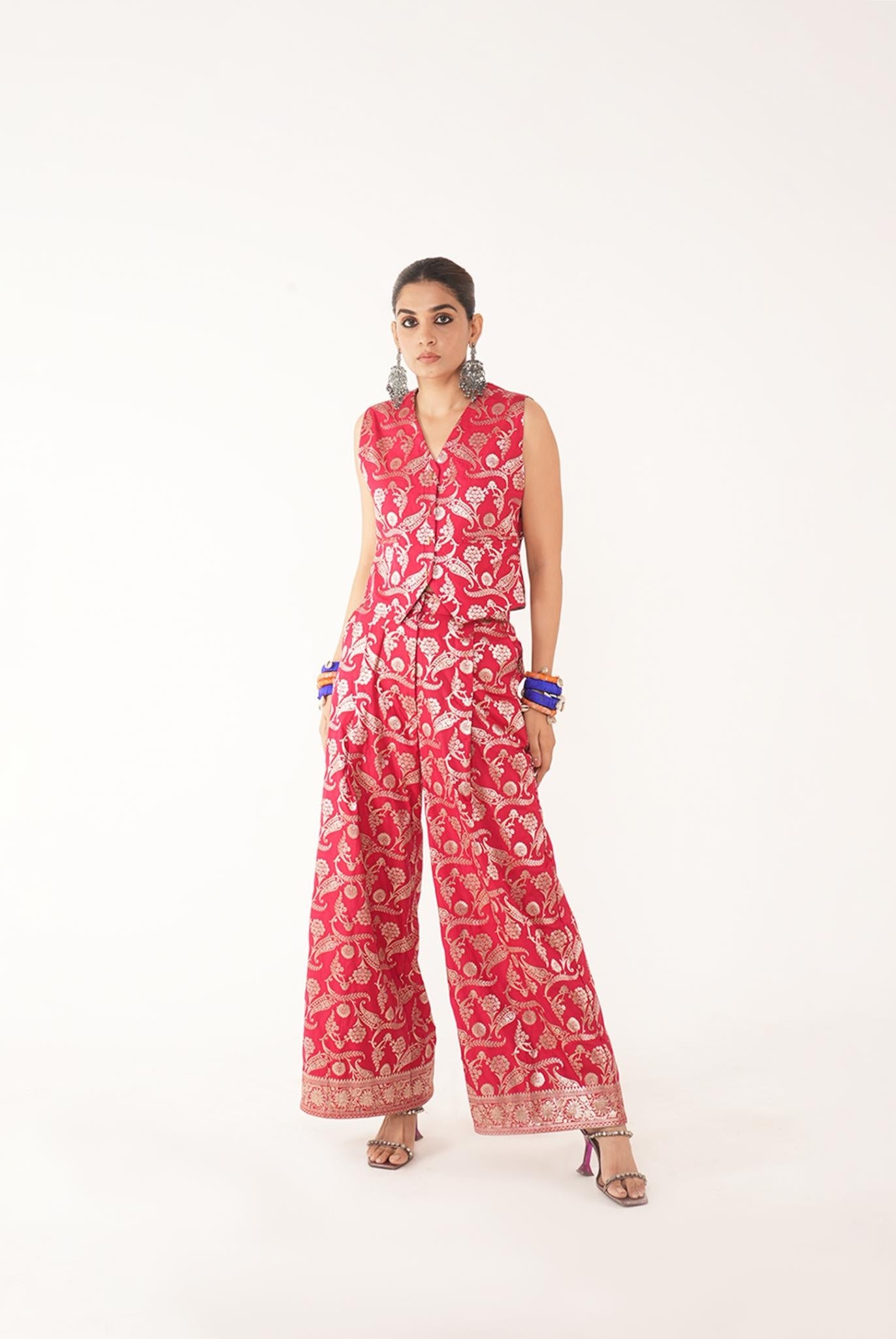 Amyra Red Silk Waist Coat And Pant Set - CiceroniCo-ord SetShriya Singhi