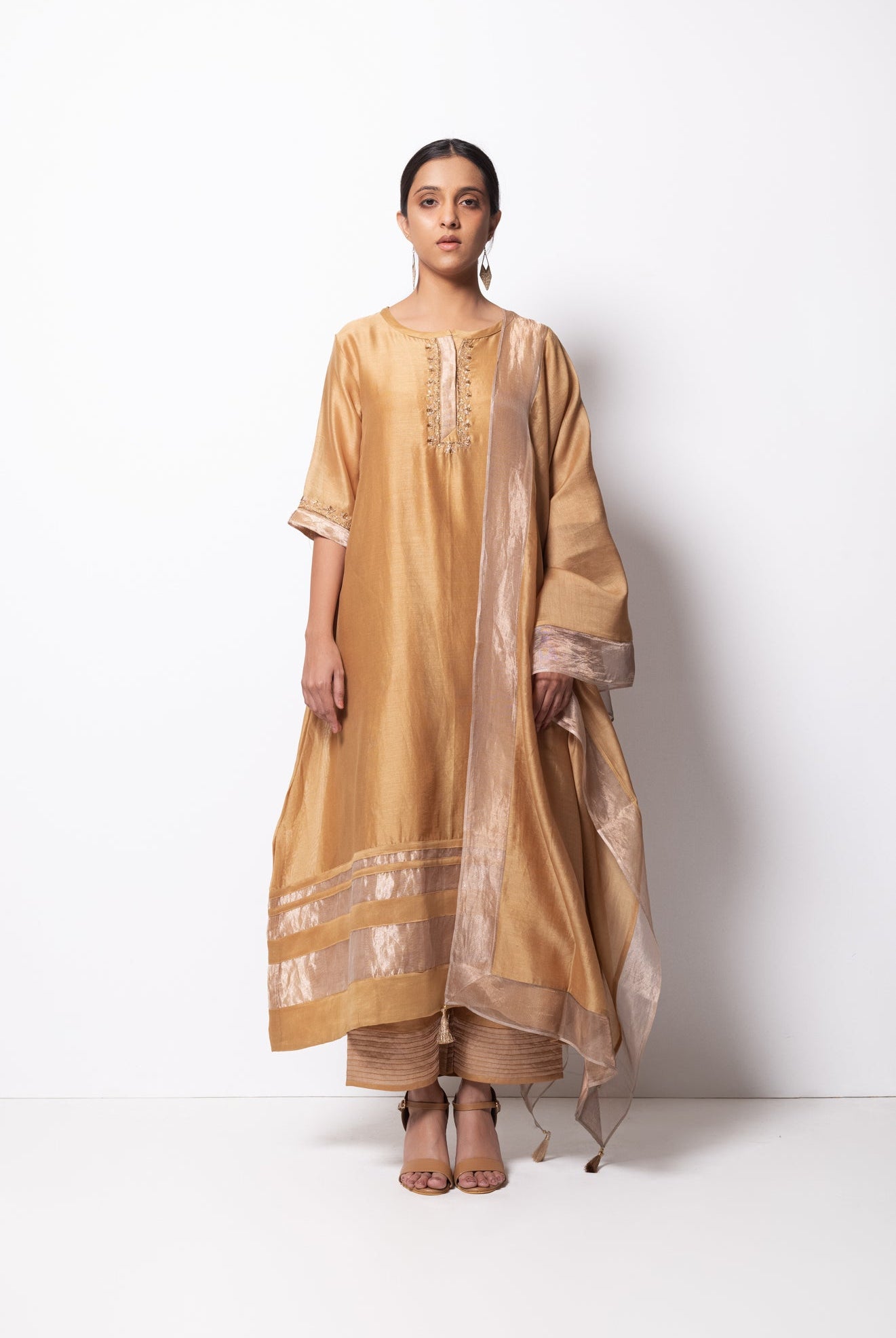 Beige Golden Chanderi Silk Kurta Set with Dupatta - CiceroniBhavik Shah