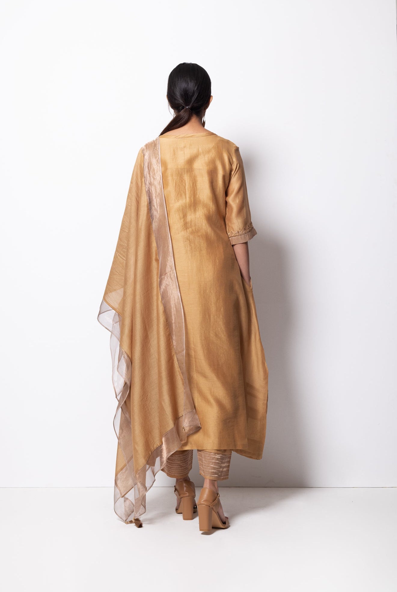 Beige Golden Chanderi Silk Kurta Set with Dupatta - CiceroniBhavik Shah