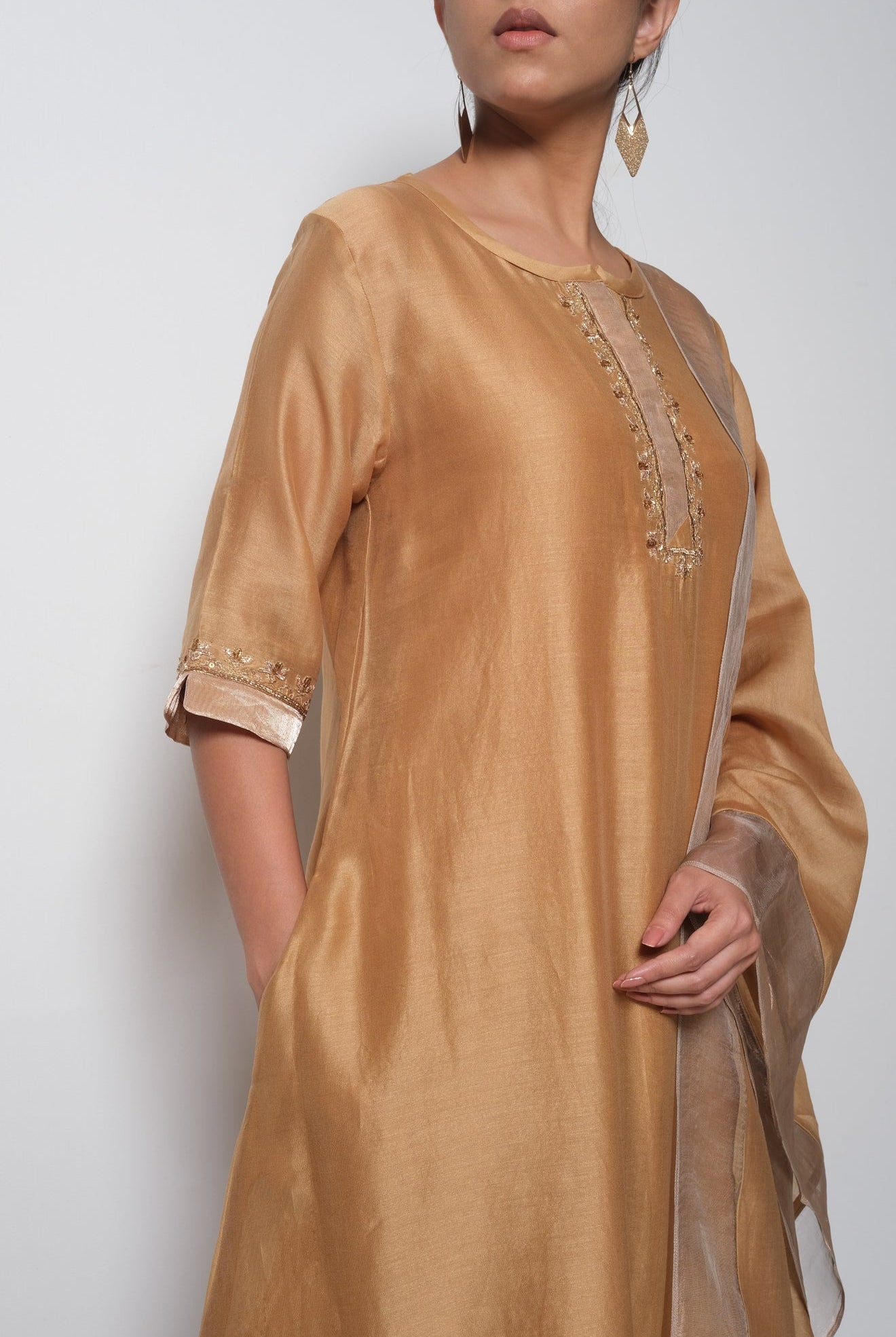Beige Golden Chanderi Silk Kurta Set with Dupatta - CiceroniBhavik Shah