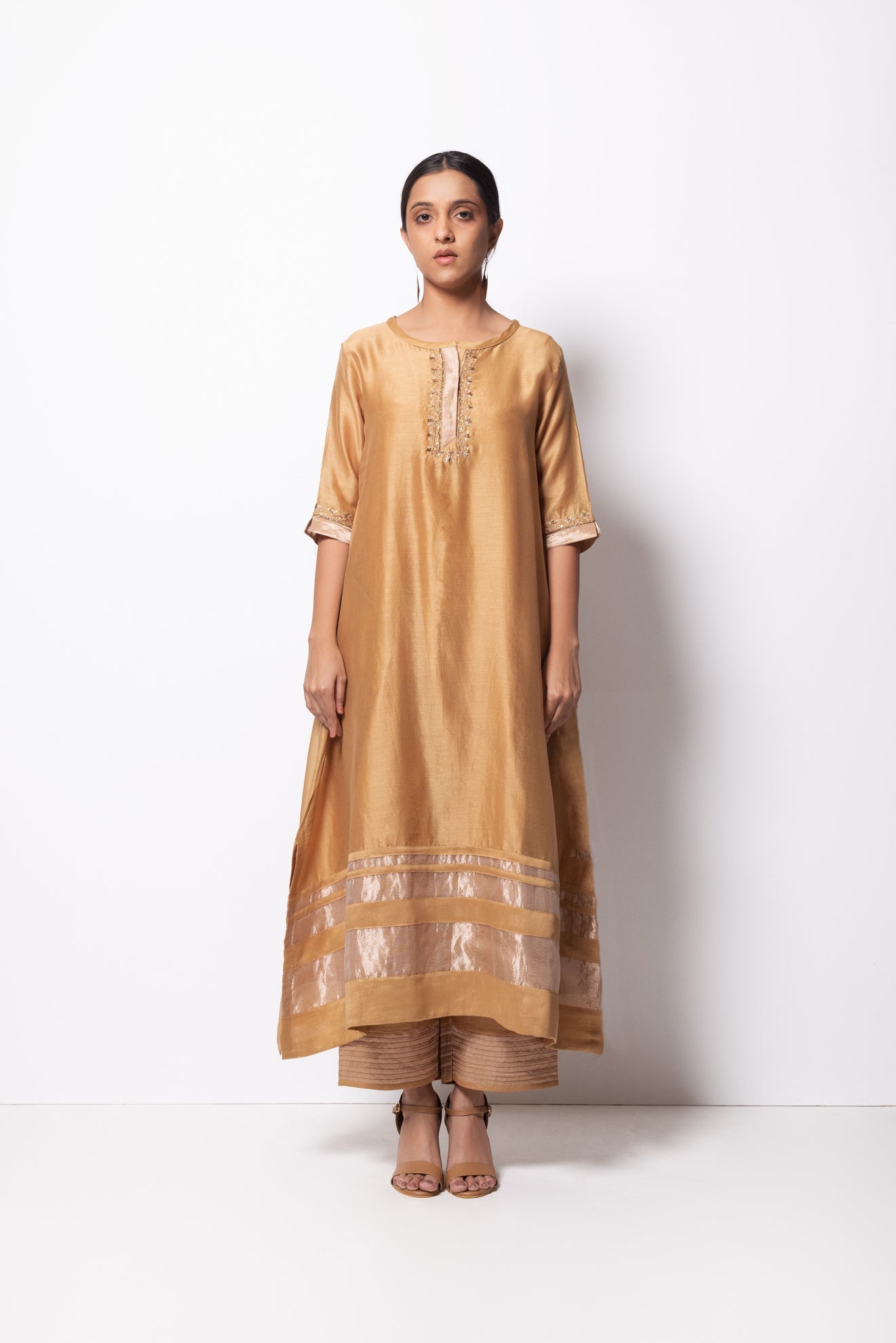 Beige Golden Chanderi Silk Kurta Set with Dupatta - CiceroniBhavik Shah