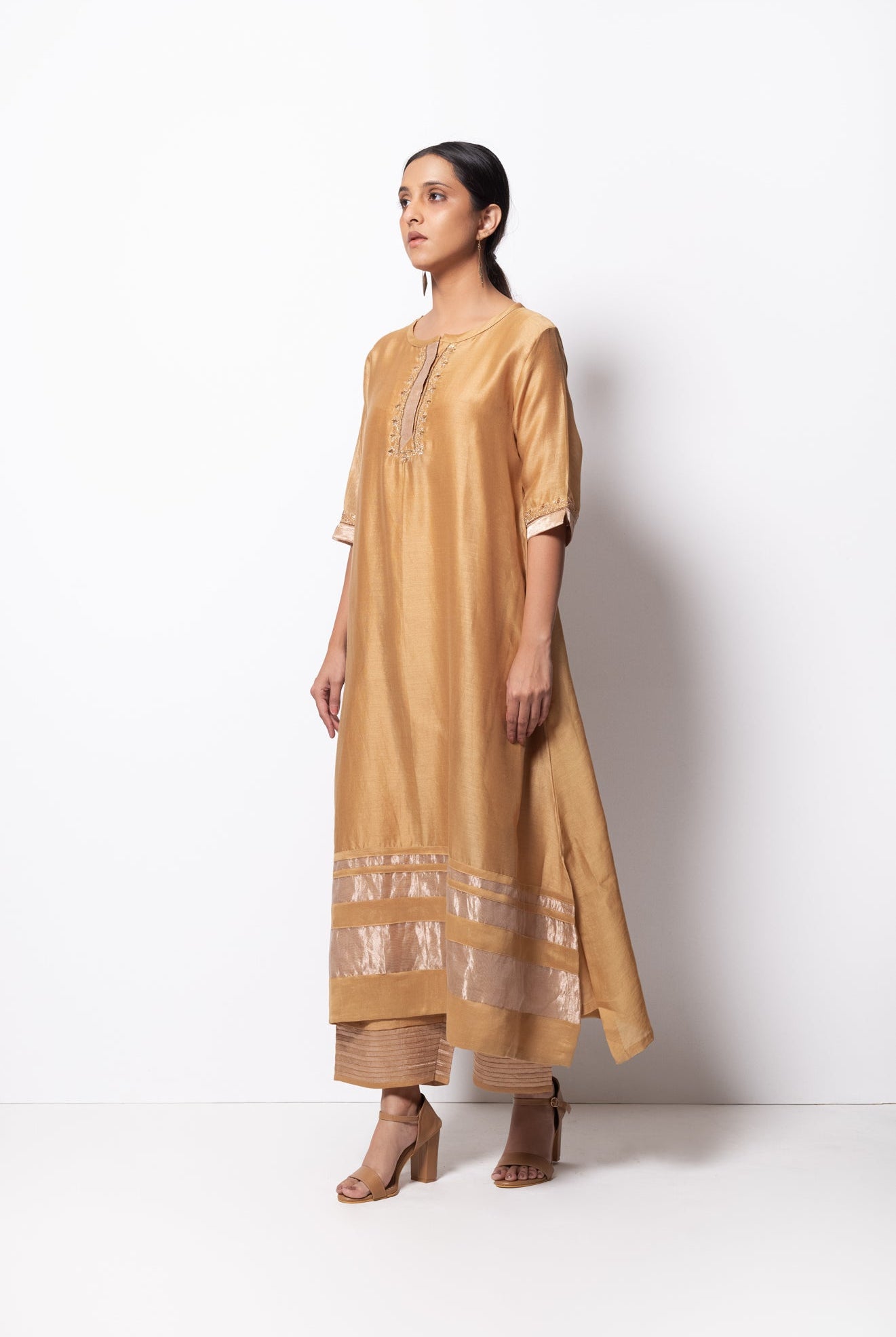 Beige Golden Chanderi Silk Kurta Set with Dupatta - CiceroniBhavik Shah