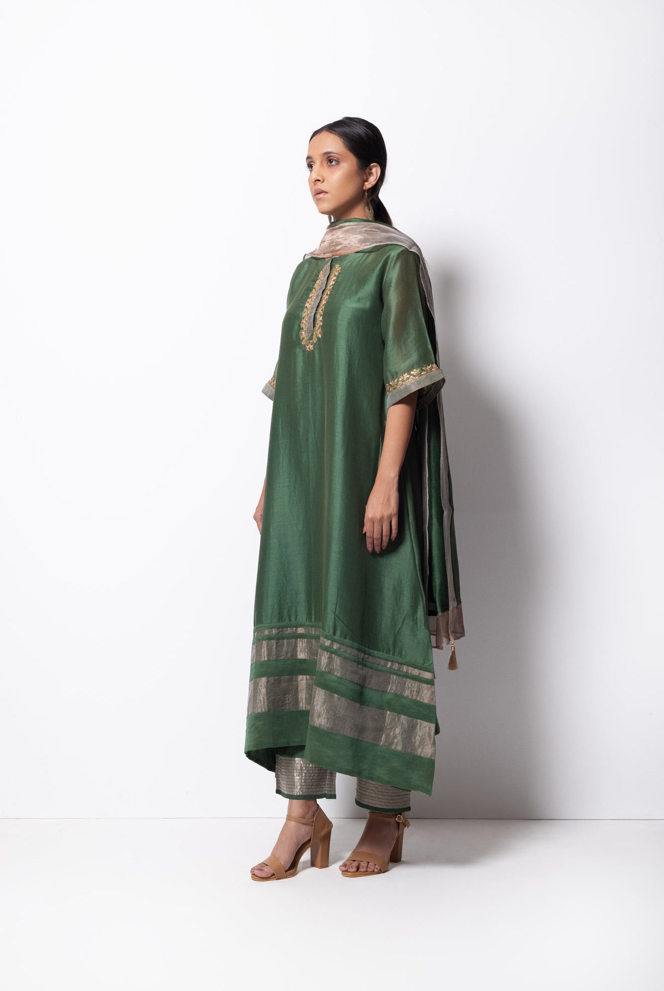 Beryl Green Chanderi Silk Kurta Set with Dupatta - CiceroniBhavik Shah