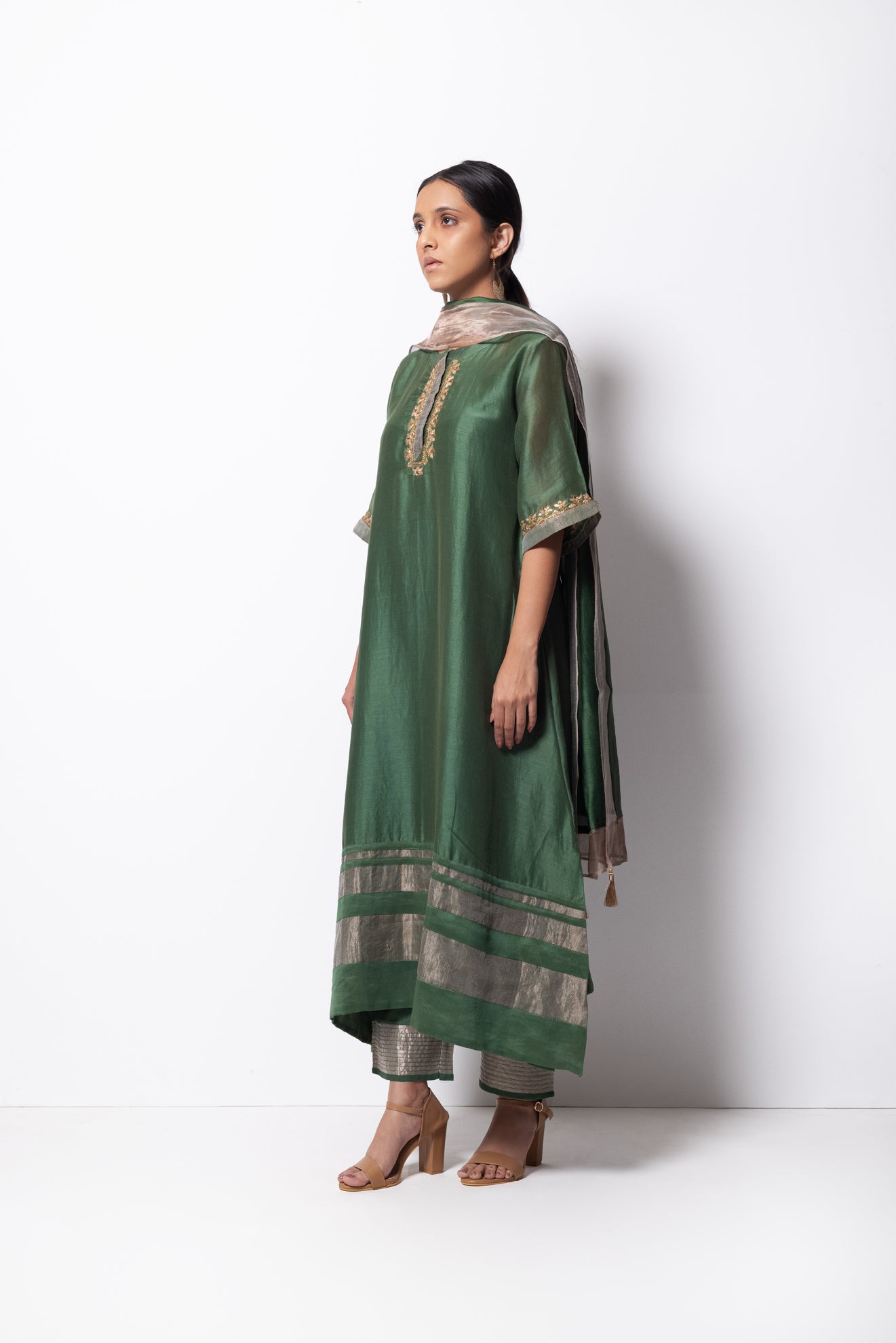 Beryl Green Chanderi Silk Kurta Set with Dupatta - CiceroniBhavik Shah