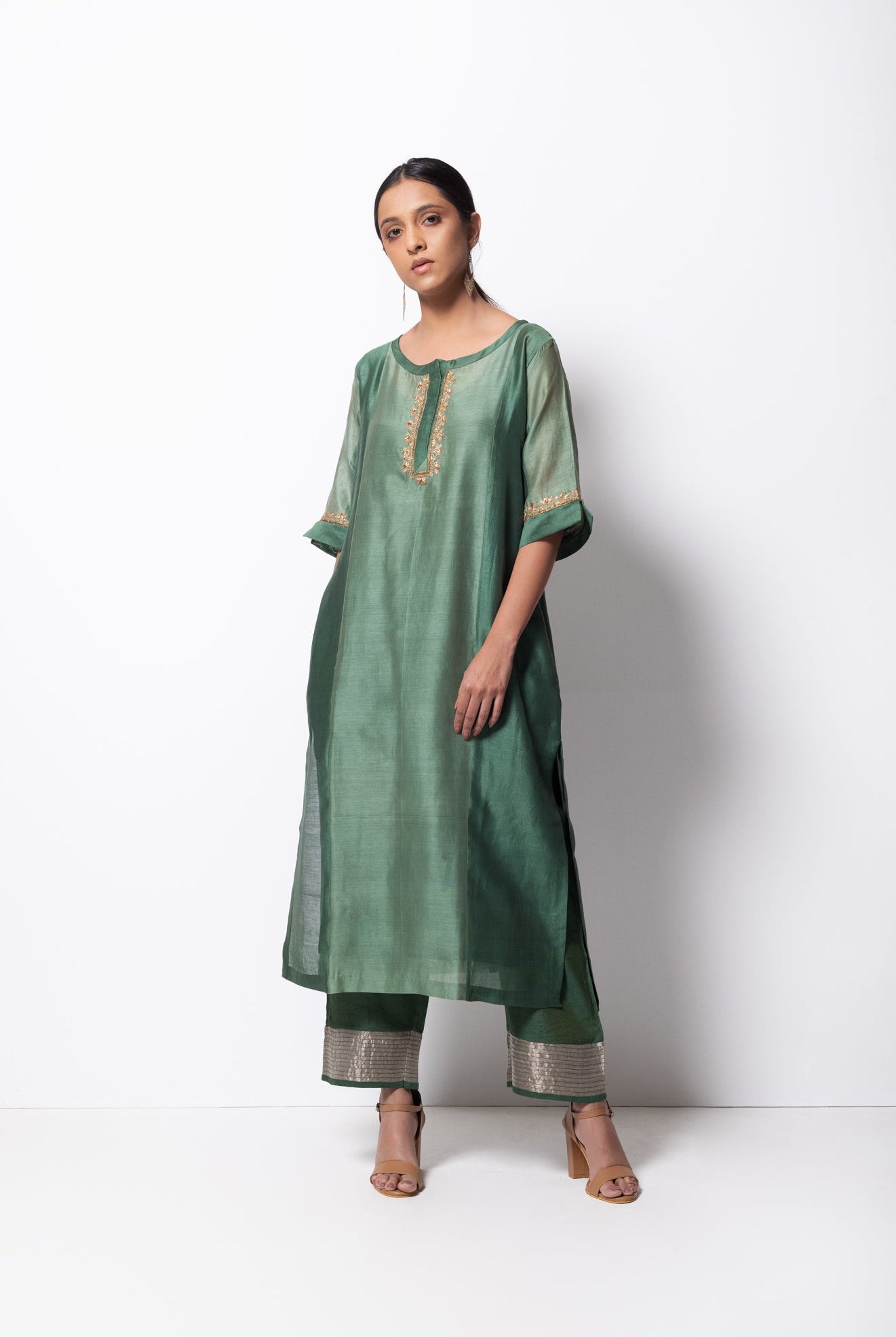 Beryl Green Chanderi Silk Panelled Kurta Set with Dupatta - CiceroniBhavik Shah