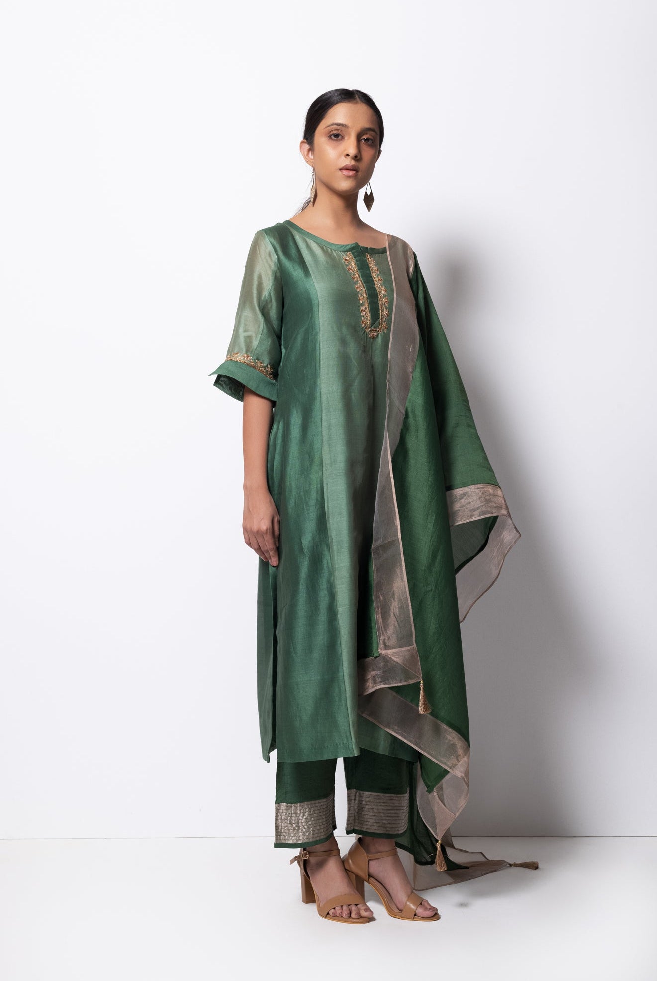 Beryl Green Chanderi Silk Panelled Kurta Set with Dupatta - CiceroniBhavik Shah