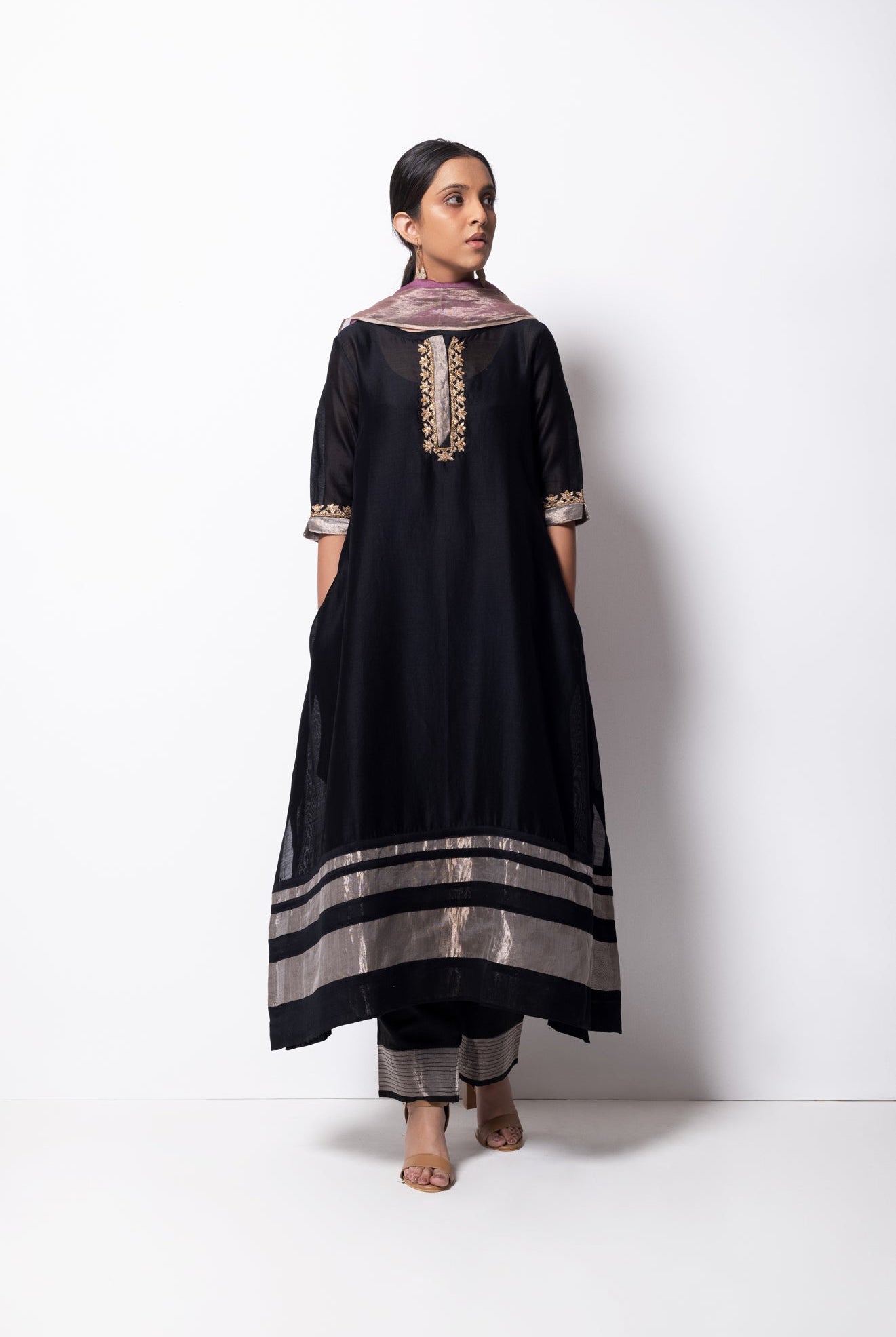 Black Chanderi Silk Kurta Set with Dupatta - CiceroniBhavik Shah