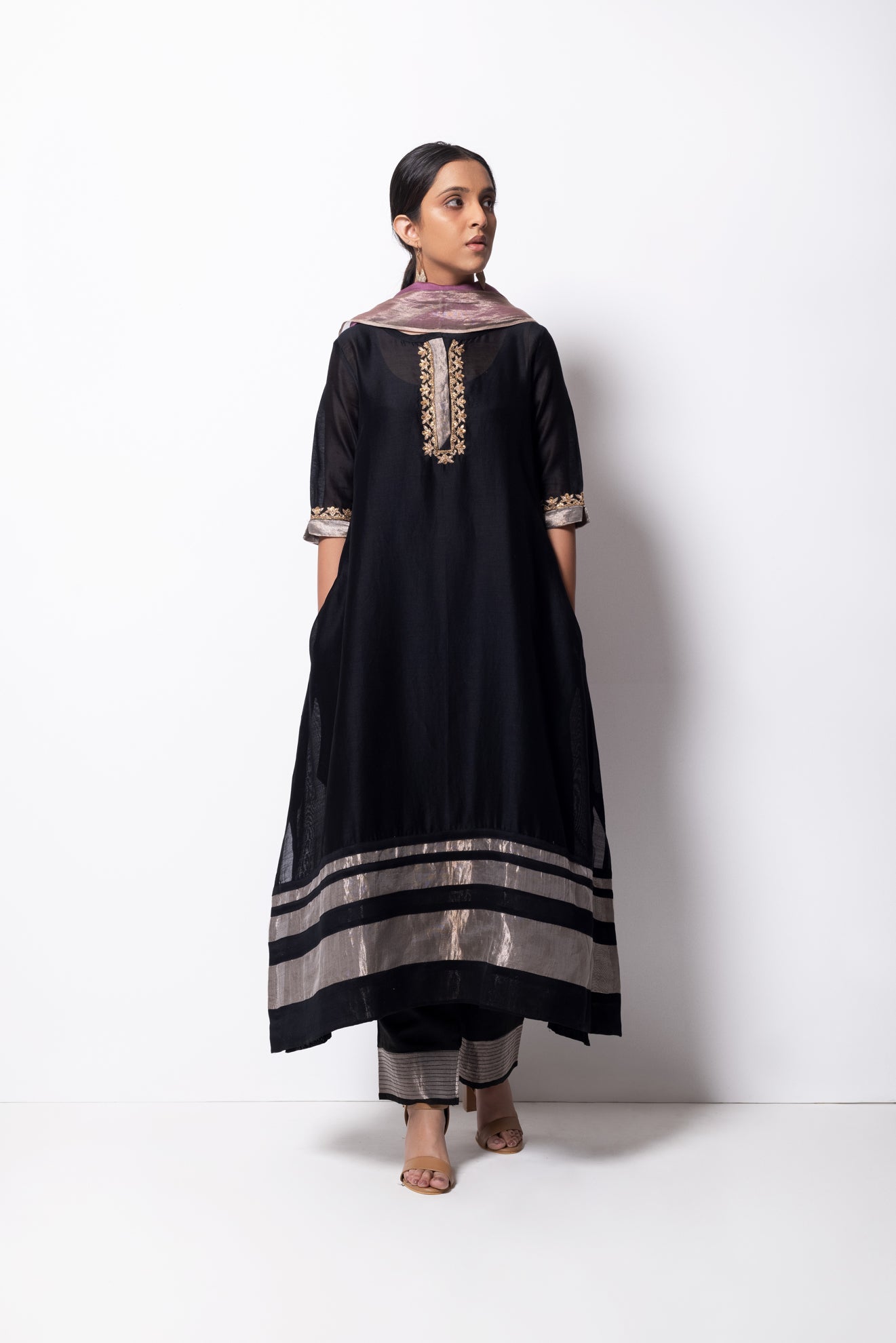 Black Chanderi Silk Kurta Set with Dupatta - CiceroniBhavik Shah