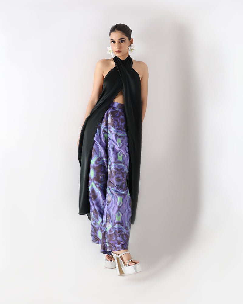 Black Long Drape Halter Silk Co-Ord Set - CiceroniCo-ord SetShriya Singhi