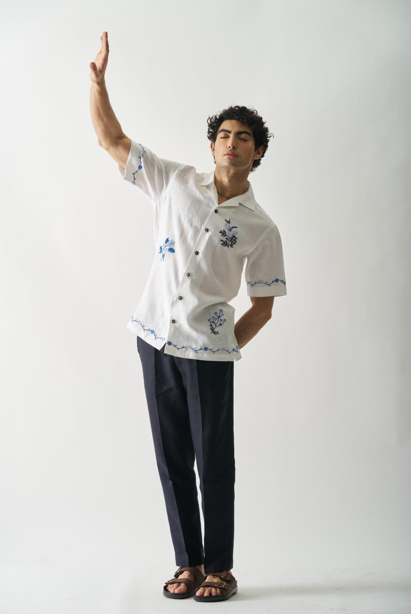 Blossom Cascade - Mens Hand Embroidered Pure Linen Shirt - CiceroniShirtsCultura Studio