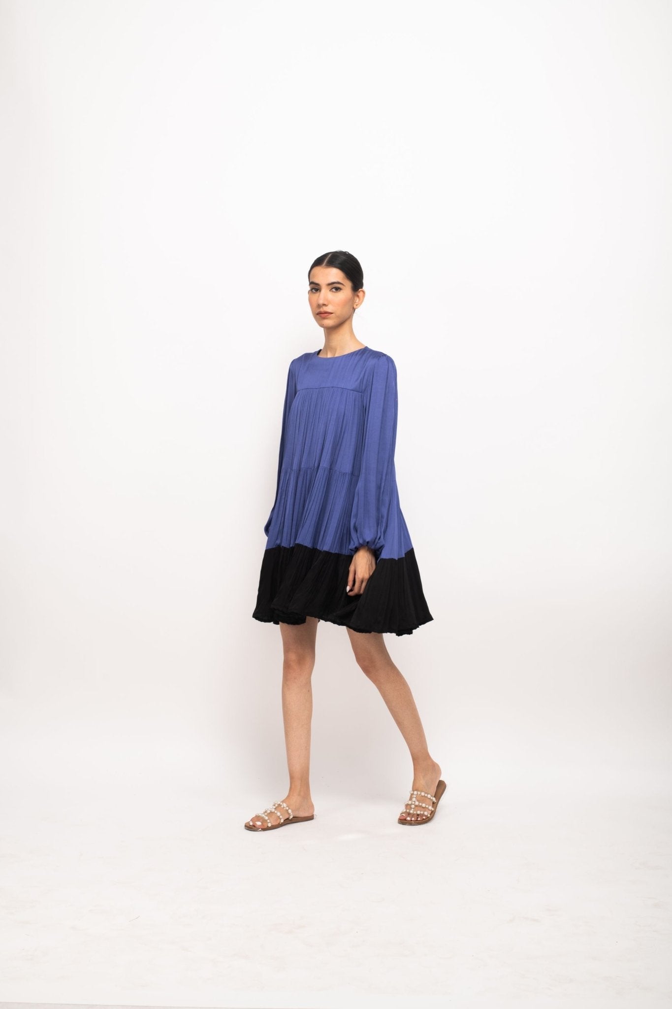 Blue-Black Gather Short Dress - CiceroniDressesNeora