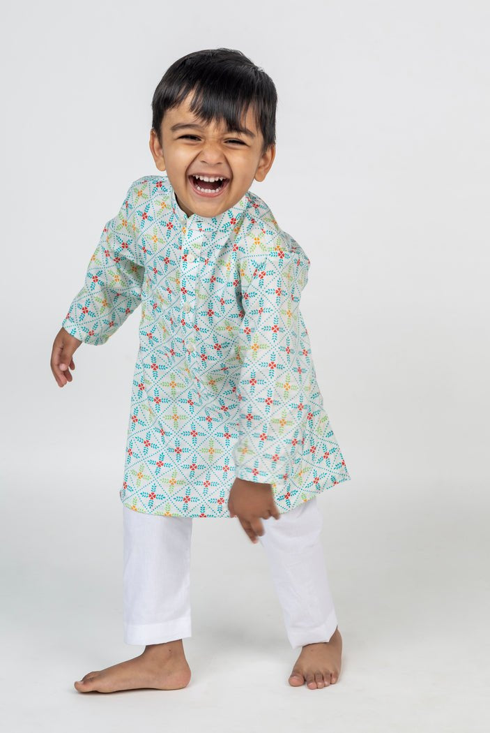 Blue Geometric Jaal Printed Kurta - CiceroniKurta Set, Festive wearMr. Brat