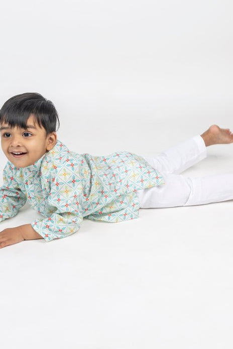 Blue Geometric Jaal Printed Kurta - CiceroniKurta Set, Festive wearMr. Brat