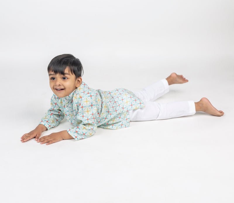 Blue Geometric Jaal Printed Kurta - CiceroniKurta Set, Festive wearMr. Brat