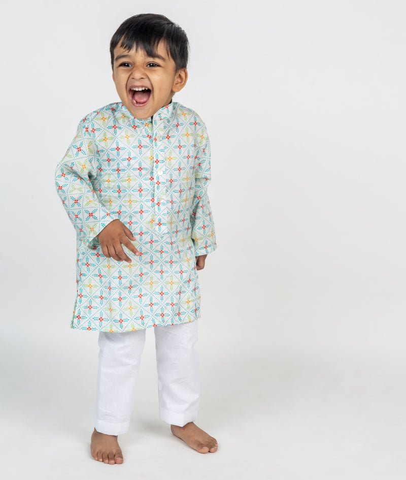 Blue Geometric Jaal Printed Kurta - CiceroniKurta Set, Festive wearMr. Brat