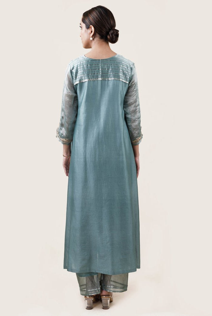 Blue Tissue Stripes/Chanderi Silk - A-line Kurta Set - CiceroniBhavik Shah