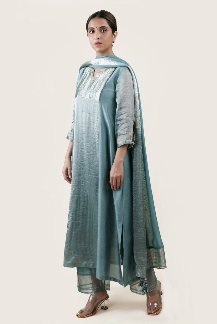 Blue Tissue Stripes/Chanderi Silk - A-line Kurta Set - CiceroniBhavik Shah