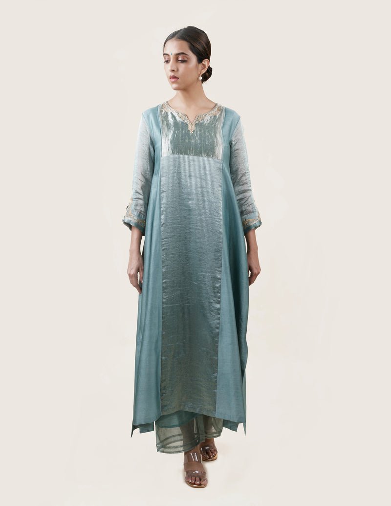 Blue Tissue Stripes/Chanderi Silk - A-line Kurta Set - CiceroniBhavik Shah