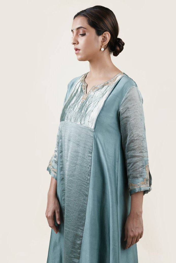 Blue Tissue Stripes/Chanderi Silk - A-line Kurta Set - CiceroniBhavik Shah