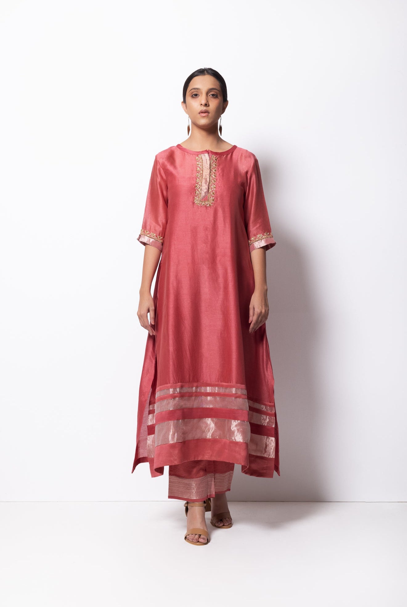 Brick Pink Chanderi Silk Kurta Set with Dupatta - CiceroniBhavik Shah