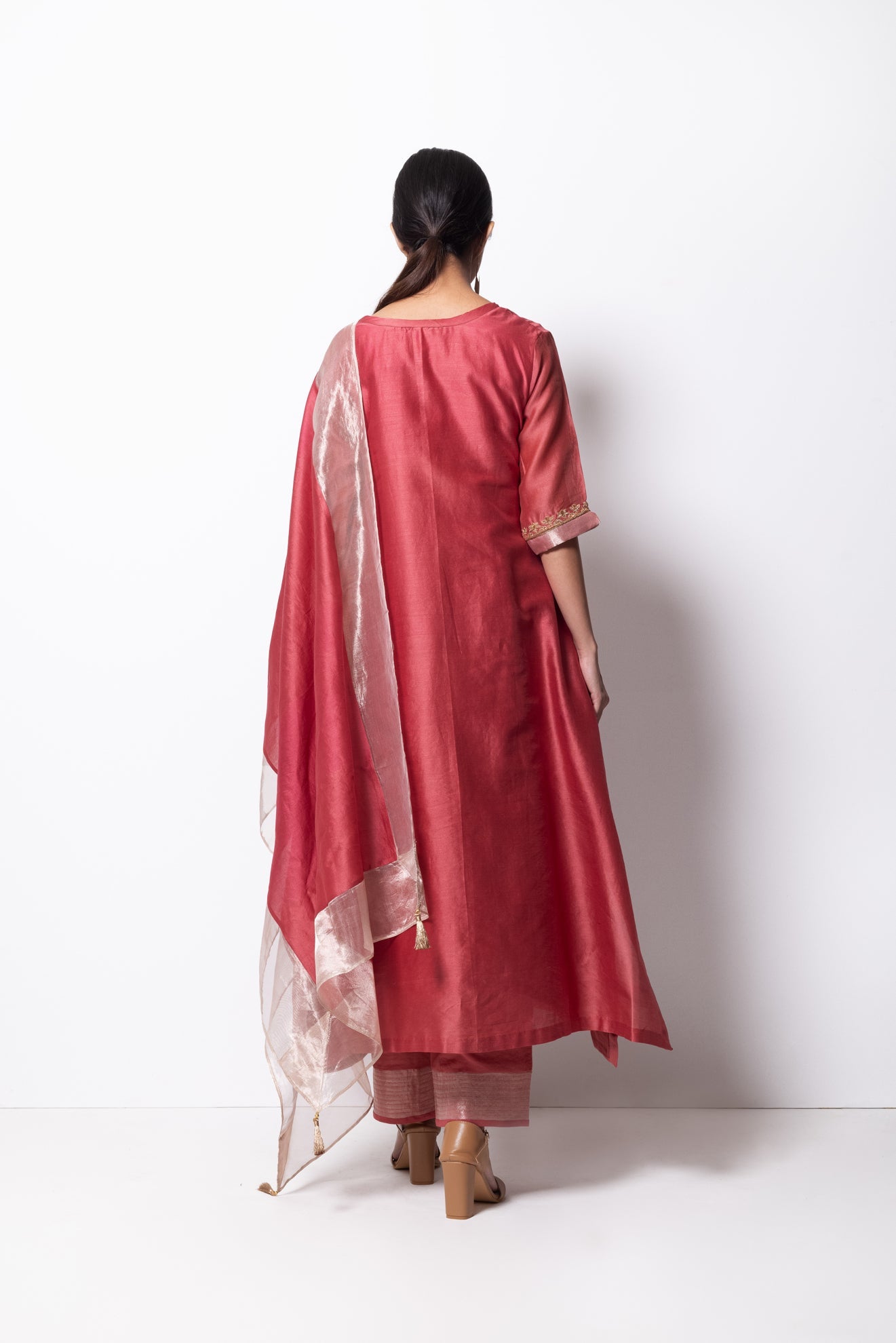Brick Pink Chanderi Silk Kurta Set with Dupatta - CiceroniBhavik Shah
