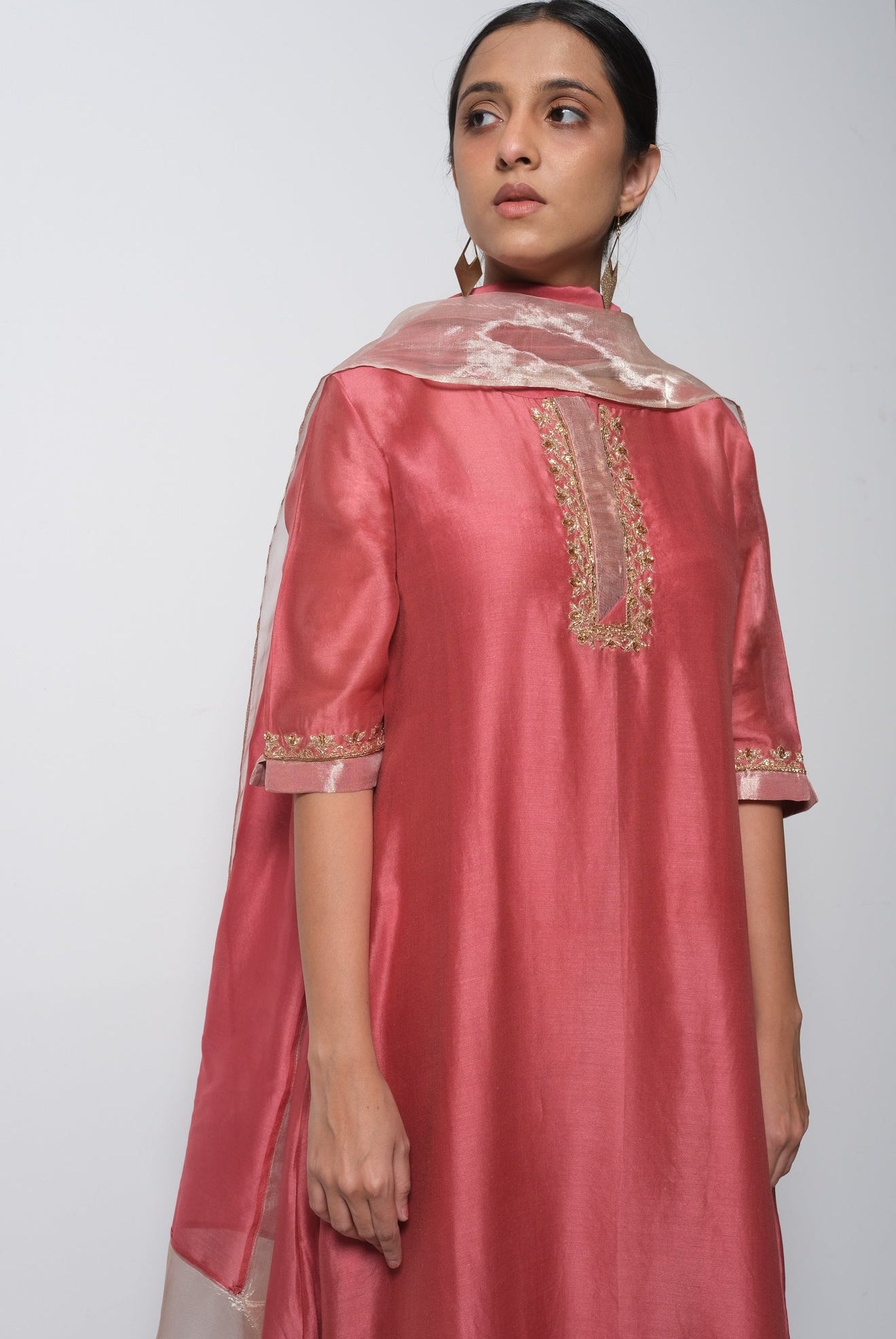 Brick Pink Chanderi Silk Kurta Set with Dupatta - CiceroniBhavik Shah