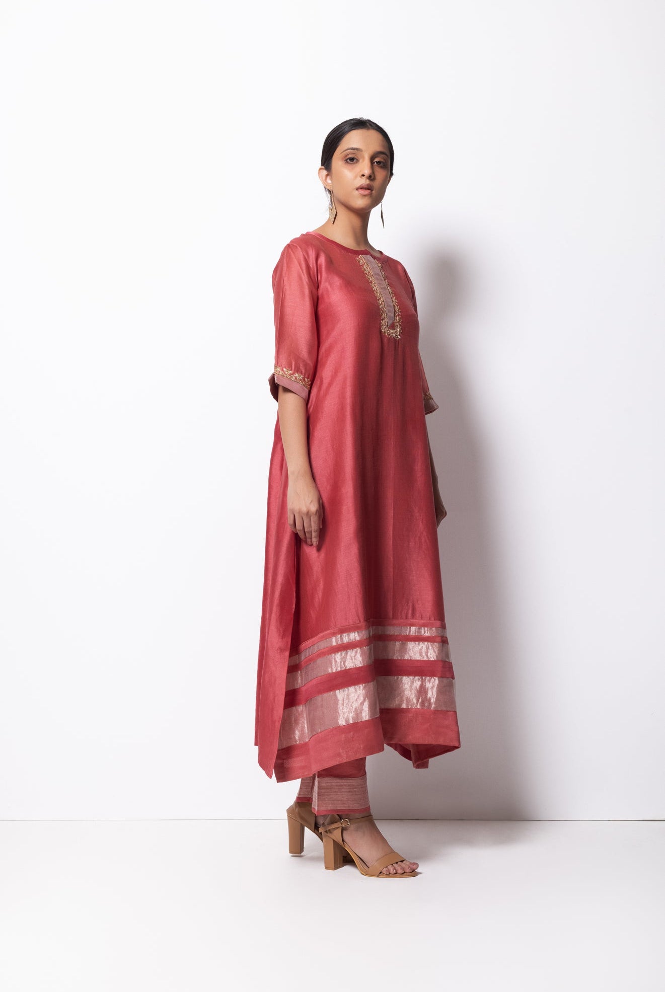 Brick Pink Chanderi Silk Kurta Set with Dupatta - CiceroniBhavik Shah