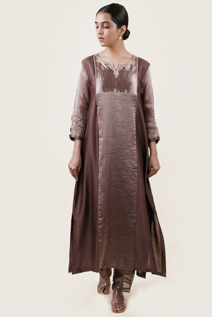 Brown Tissue Stripes/Chanderi Silk - A-line Kurta Set - CiceroniBhavik Shah