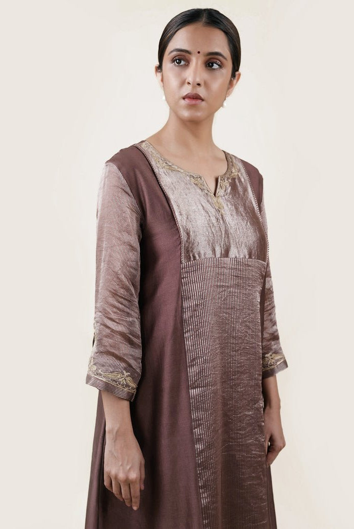 Brown Tissue Stripes/Chanderi Silk - A-line Kurta Set - CiceroniBhavik Shah