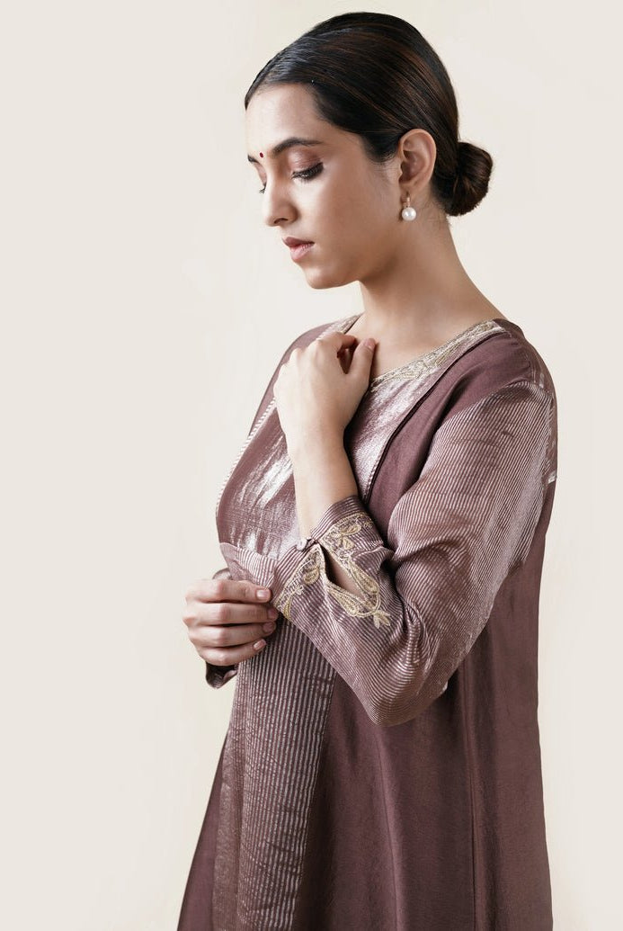 Brown Tissue Stripes/Chanderi Silk - A-line Kurta Set - CiceroniBhavik Shah