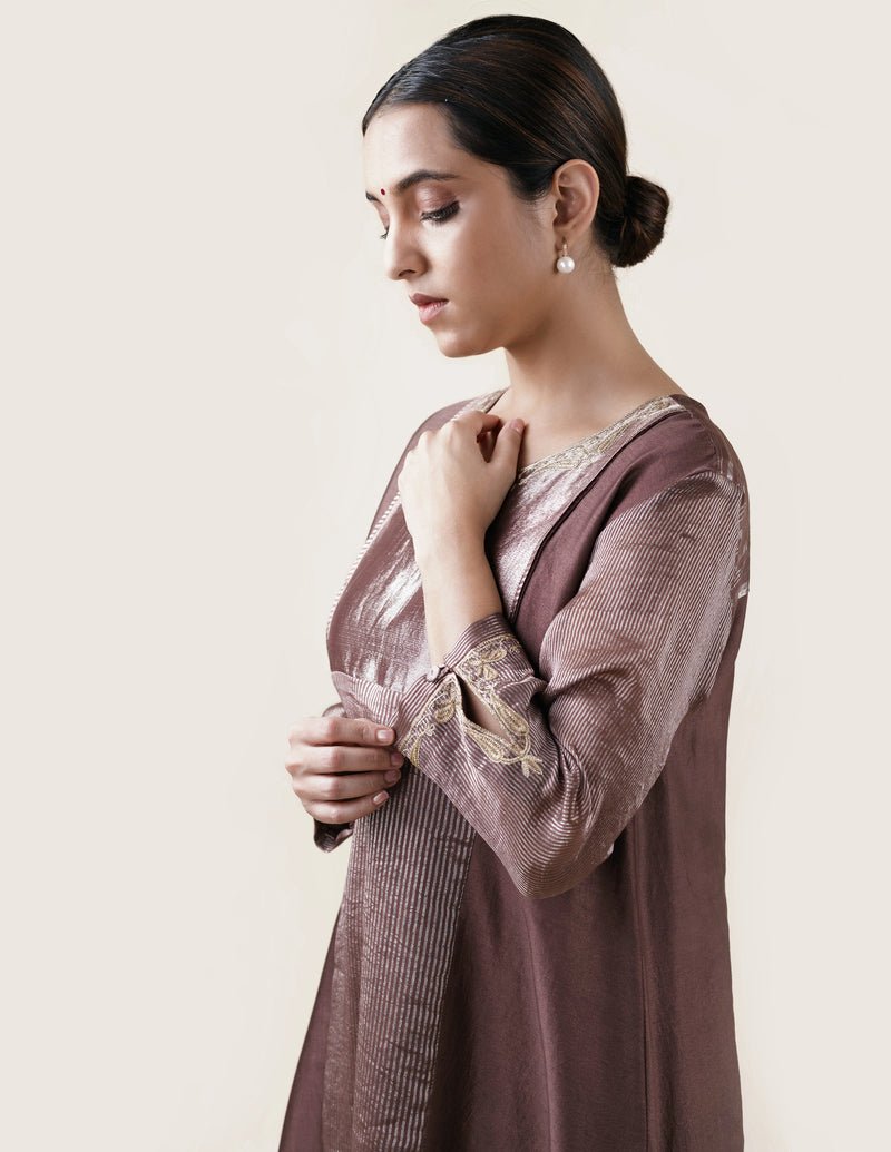 Brown Tissue Stripes/Chanderi Silk - A-line Kurta Set - CiceroniBhavik Shah