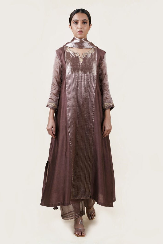 Brown Tissue Stripes/Chanderi Silk - A-line Kurta Set - CiceroniBhavik Shah