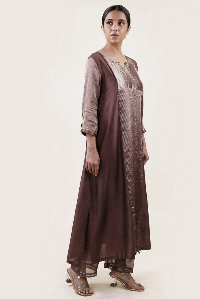 Brown Tissue Stripes/Chanderi Silk - A-line Kurta Set - CiceroniBhavik Shah