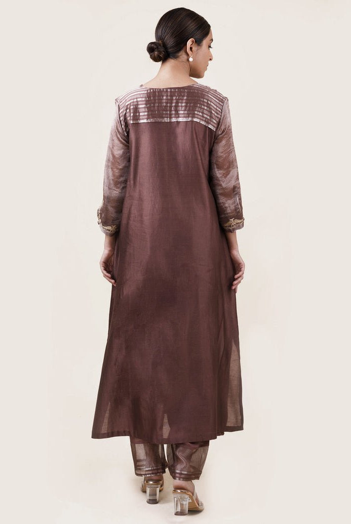 Brown Tissue Stripes/Chanderi Silk - A-line Kurta Set - CiceroniBhavik Shah