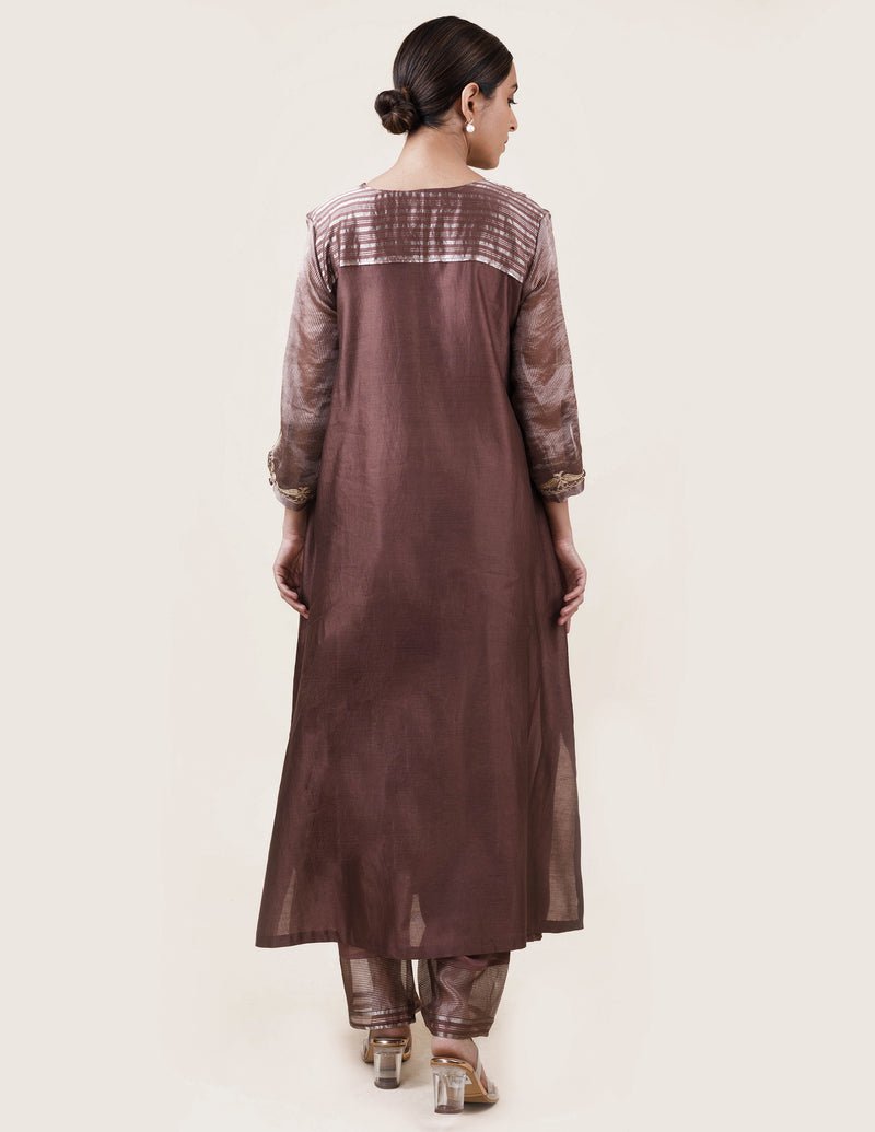 Brown Tissue Stripes/Chanderi Silk - A-line Kurta Set - CiceroniBhavik Shah