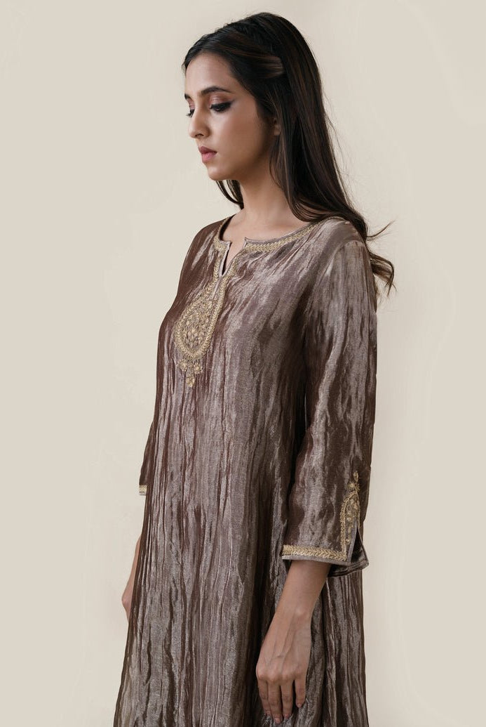 Chocolate Brown Tissue - A-line Kurta Set - CiceroniBhavik Shah