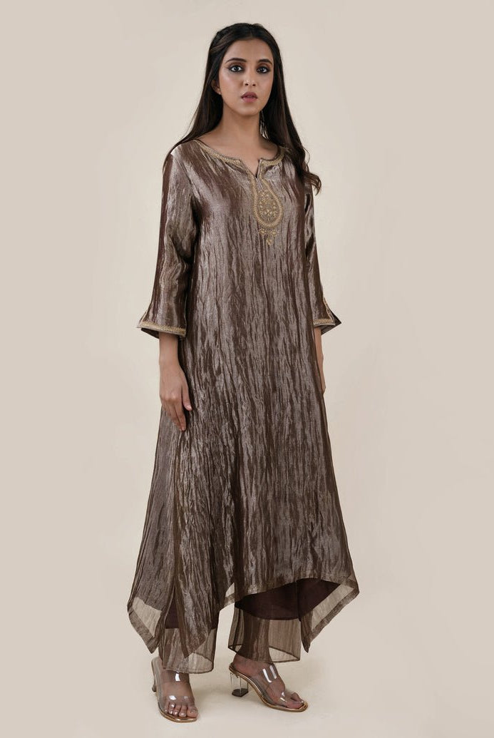 Chocolate Brown Tissue - A-line Kurta Set - CiceroniBhavik Shah