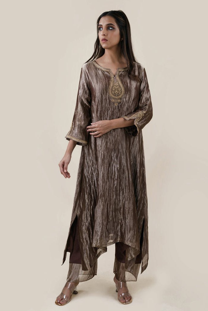 Chocolate Brown Tissue - A-line Kurta Set - CiceroniBhavik Shah