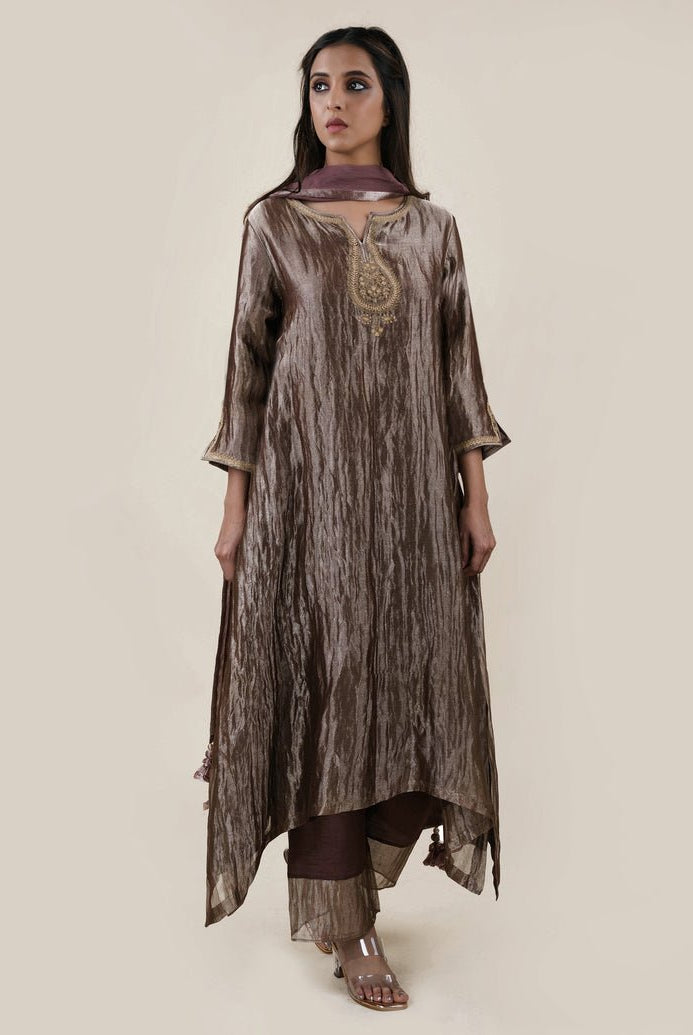 Chocolate Brown Tissue - A-line Kurta Set - CiceroniBhavik Shah