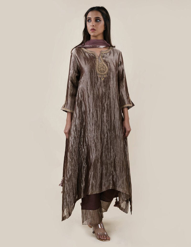 Chocolate Brown Tissue - A-line Kurta Set - CiceroniBhavik Shah