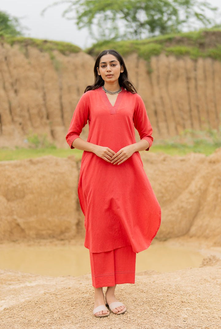 Coral Red Kurta Set - CiceroniKurta SetMaidaan