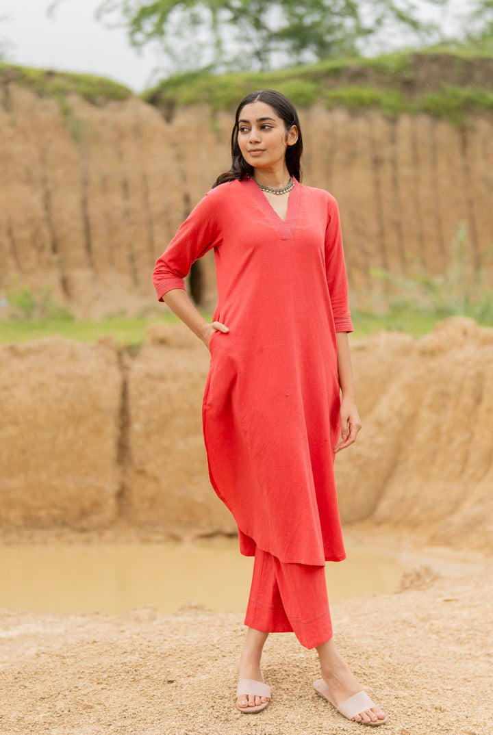 Coral Red Kurta Set - CiceroniKurta SetMaidaan